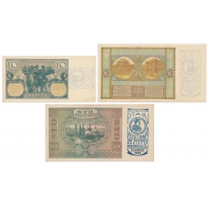 Zestaw 10, 500 i 100 zł 1929-1941 - z nadrukami (3szt)