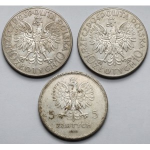 5-10 złotych 1930-1933 Sztandar, Sobieski i Traugutt - zestaw (3szt)