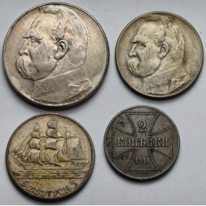 Ober-Ost. 2 kopiejki 1916-J i 5-10 złotych 1934-1936 Piłsudski i Żaglowiec - zestaw (4szt)