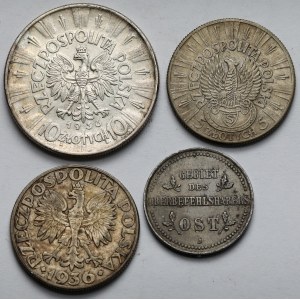 Ober-Ost. 2 kopiejki 1916-J i 5-10 złotych 1934-1936 Piłsudski i Żaglowiec - zestaw (4szt)