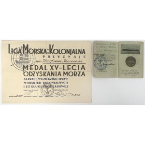 Dyplom Liga Morska i Kolonialna dla mjr. Stanisława Szancera i Srebrny Medal 15-lecie odzyskania morza 1935 - zestaw (2szt)