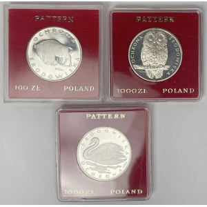 Próba Ag 100 i 1.000 złotych 1977-1986 Sowa, Żubr, Łabędź - zestaw (3szt)