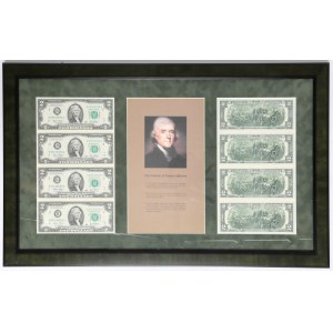 Eksponat odnoszący się do Deklaracji Niepodległości 1776 i Tomasa Jeffersona - z wykorzystaniem banknotów $2