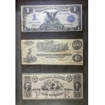 Ciekawe ibanknoty USA w ramie za szkłem - w tym ładny $1 Black Eagle Silver Certificate