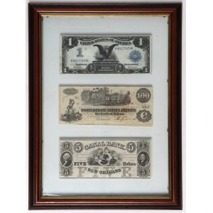 Ciekawe ibanknoty USA w ramie za szkłem - w tym ładny $1 Black Eagle Silver Certificate