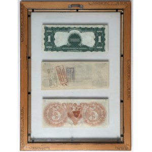 Ciekawe ibanknoty USA w ramie za szkłem - w tym ładny $1 Black Eagle Silver Certificate