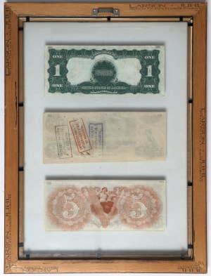 Interesting ibanknotes of the USA in a frame behind glass - including a nice $1 Black Eagle Silver Certificate