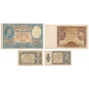 Zestaw 2x 100 zł, 1 i 2 zł 1919-1938 (4szt)