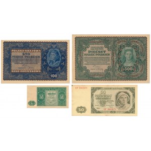 Zestaw 100, 500 mkp 1919 Sierpień, 2 zł 1946 i 5 zł 1948 (4szt)