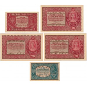 1 mkp, 3x 20 mkp 1919 Sierpień i 1/2 mkp 1920 - zestaw (5szt)