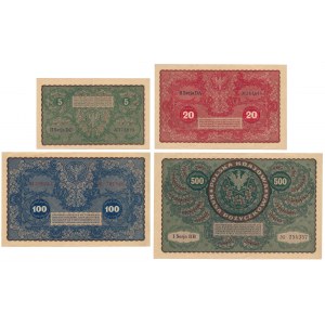 Zestaw 5, 20, 100 i 500 mkp 1919 Sierpień (4szt)