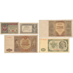 Generał 1/2 mkp 1916, 2, 50 i 2x 1.000 zł 1936-1948 (5szt)