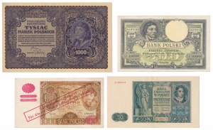 1,000 mkp 1919 August and 50-500 zloty 1919-1941 - set (4pcs)