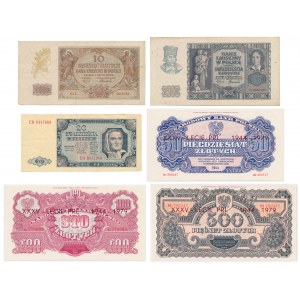 Zestaw banknotów polskich 1940-1979, w tym reprinty emisji 1944 (6szt)