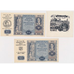 20 zł 1936 - 2 szt. z nadrukami PTNiA Gliwice i Ex Libris gliwickiego PTN