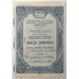 AGRICOLA Tow. Produkcji i Selekcji Nasion, Em.III, 1.000 mkp - Akcja IMIENNA na ks. LUBOMIRSKIEGO