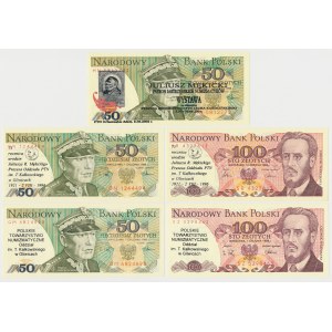 Zestaw 50 i 100 zł 1986-1988 - z nadrukami okolicznościowymi (5szt)
