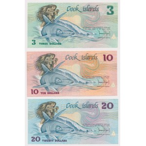 Wyspy Cooka, 3, 10 i 20 Dollars ND (1987) - wszystkie z tym samym, NISKIM numerem 000507 (3szt)