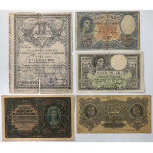 Świadectwo tymczasowe Poż. Długoterminowej na 1000 mk i banknoty 1919-1922 (5szt)