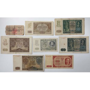Zestaw banknotów 5 - 100 zł 1940-1948 + Wejherowo 1 mk 1914 (8szt)
