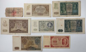 Set of banknotes 5 - 100 zloty 1940-1948 + Wejherowo 1 mk 1914 (8pcs)