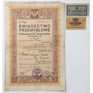 Świadectwo Przemysłowe 1929 + Banknoty 5 kopiejek i 10 centesimi 1918 - zestaw (3szt)