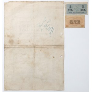 Świadectwo Przemysłowe 1929 + Banknoty 5 kopiejek i 10 centesimi 1918 - zestaw (3szt)