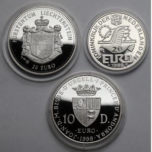 Niderlandy, Liechtenstein i Andora, SREBRNE monety 1997-1998 - zestaw (3szt)