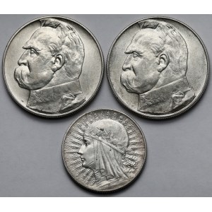 5-10 złotych 1932-1937 Głowa kobiety i Piłsudski - zestaw (3szt)