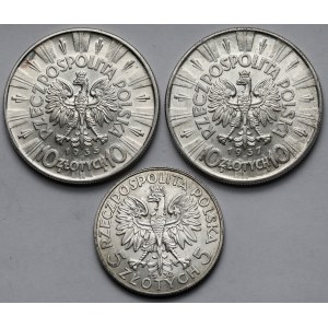 5-10 złotych 1932-1937 Głowa kobiety i Piłsudski - zestaw (3szt)