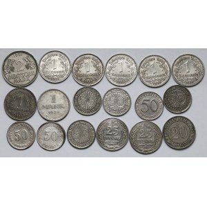 Niemcy, 20-50 fenigów i 1-2 marki 1875-1951 - zestaw (18szt)