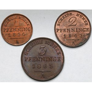 Prusy, Wilhelm I, 1-3 fenigi 1863-1864 - zestaw (3szt)