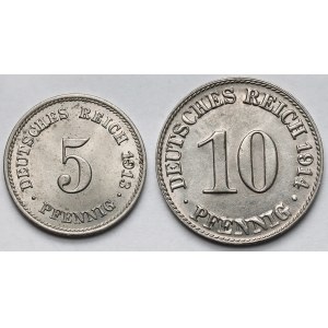Niemcy, Prusy, 5-10 fenigów 1913-1914, E i D - zestaw (2szt)