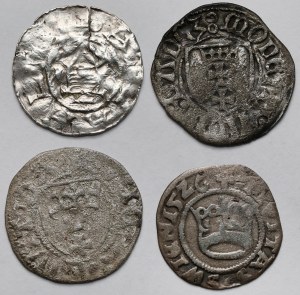 Set (4 pièces) de deniers, shillings et demi-penny médiévaux et Swidnica