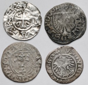Set (4 pièces) de deniers, shillings et demi-penny médiévaux et Swidnica