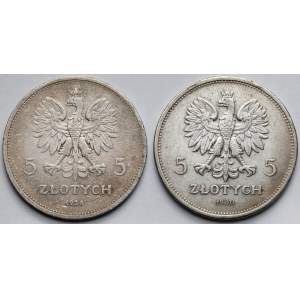 5 złotych 1928-1930 Nike i Sztandar - zestaw (2szt)