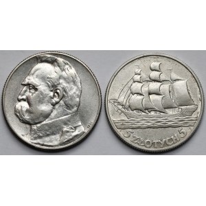 5 złotych 1934-1936, Strzelecki i Żaglowiec - zestaw (2szt)
