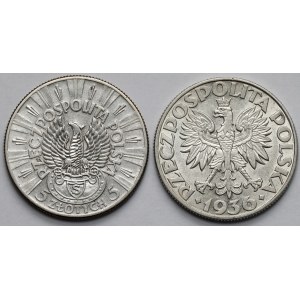 5 złotych 1934-1936, Strzelecki i Żaglowiec - zestaw (2szt)
