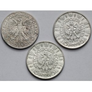 Głowa kobiety i Piłsudski, 5 złotych 1933-1936 - zestaw (3szt)