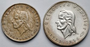 Germany, Third Reich, 2 and 5 marks 1934 - Schiller - set (2pcs)