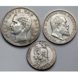 Niemcy, Bawaria, Prusy i Wirtembergia, 2-5 marek 1901-1912 - zestaw (3szt)