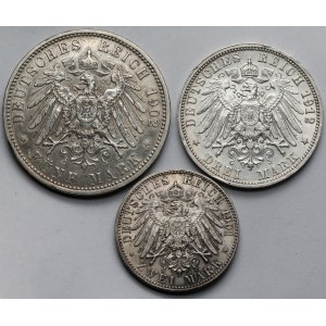 Niemcy, Bawaria, Prusy i Wirtembergia, 2-5 marek 1901-1912 - zestaw (3szt)