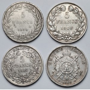 Francja, 5 franków 1830-1868 - zestaw (4szt)