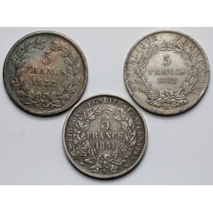 Francja, 5 franków 1833-1852 - zestaw (3szt)