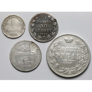 Zabory, od 50 groszy do 2 złotych i Rubel MW 1835-1847 - zestaw (4szt)