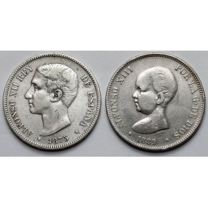 Hiszpania, Alfonso XII i Alfonso XIII, 5 pesetas 1875-1889 - zestaw (2szt)