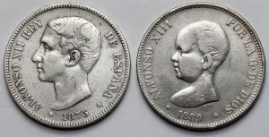 Espagne, Alphonse XII et Alphonse XIII, 5 pesetas 1875-1889 - ensemble (2pcs)