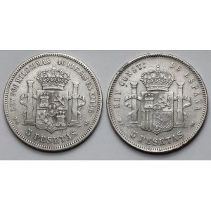 Hiszpania, Alfonso XII i Alfonso XIII, 5 pesetas 1875-1889 - zestaw (2szt)