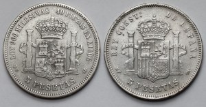 Espagne, Alphonse XII et Alphonse XIII, 5 pesetas 1875-1889 - ensemble (2pcs)