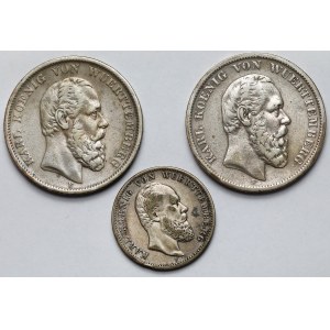 Niemcy, Wirtembergia, 2-5 marek 1875-1876 - zestaw (3szt)